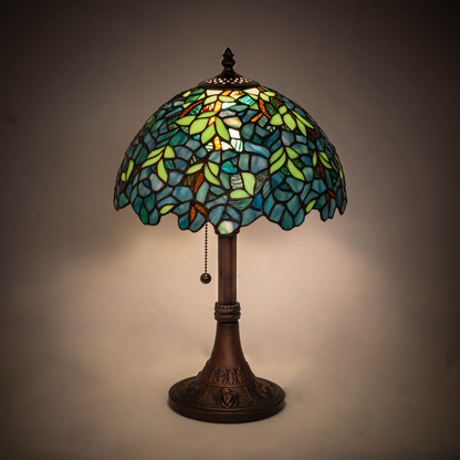 17-inch Tiffany Table Lamp Wisteria Nightfall on dark background. 