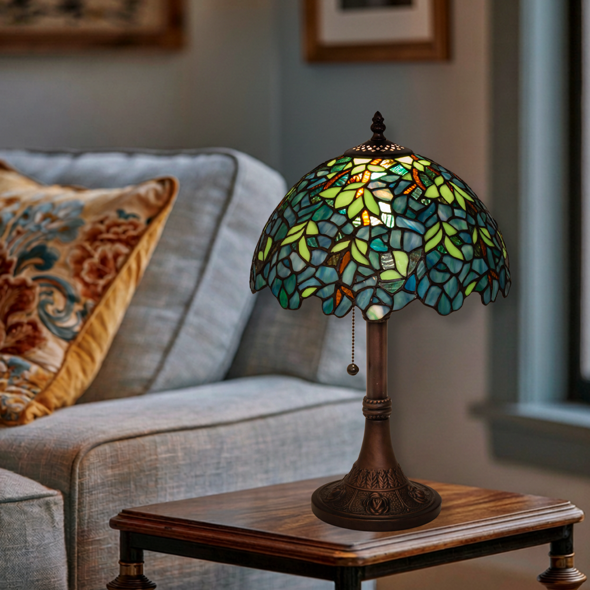 17-inch Tiffany Table Lamp Wisteria Nightfall on end table in living room. 