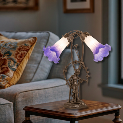 17-inch tiffany glass table lamp Blue/White Pond Lily Trellis Girl Accent in living room
