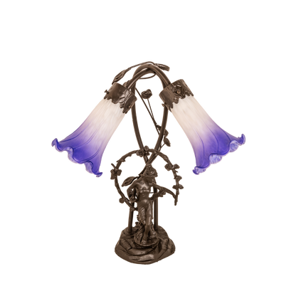 17-inch tiffany glass table lamp Blue/White Pond Lily Trellis Girl Accent lights off