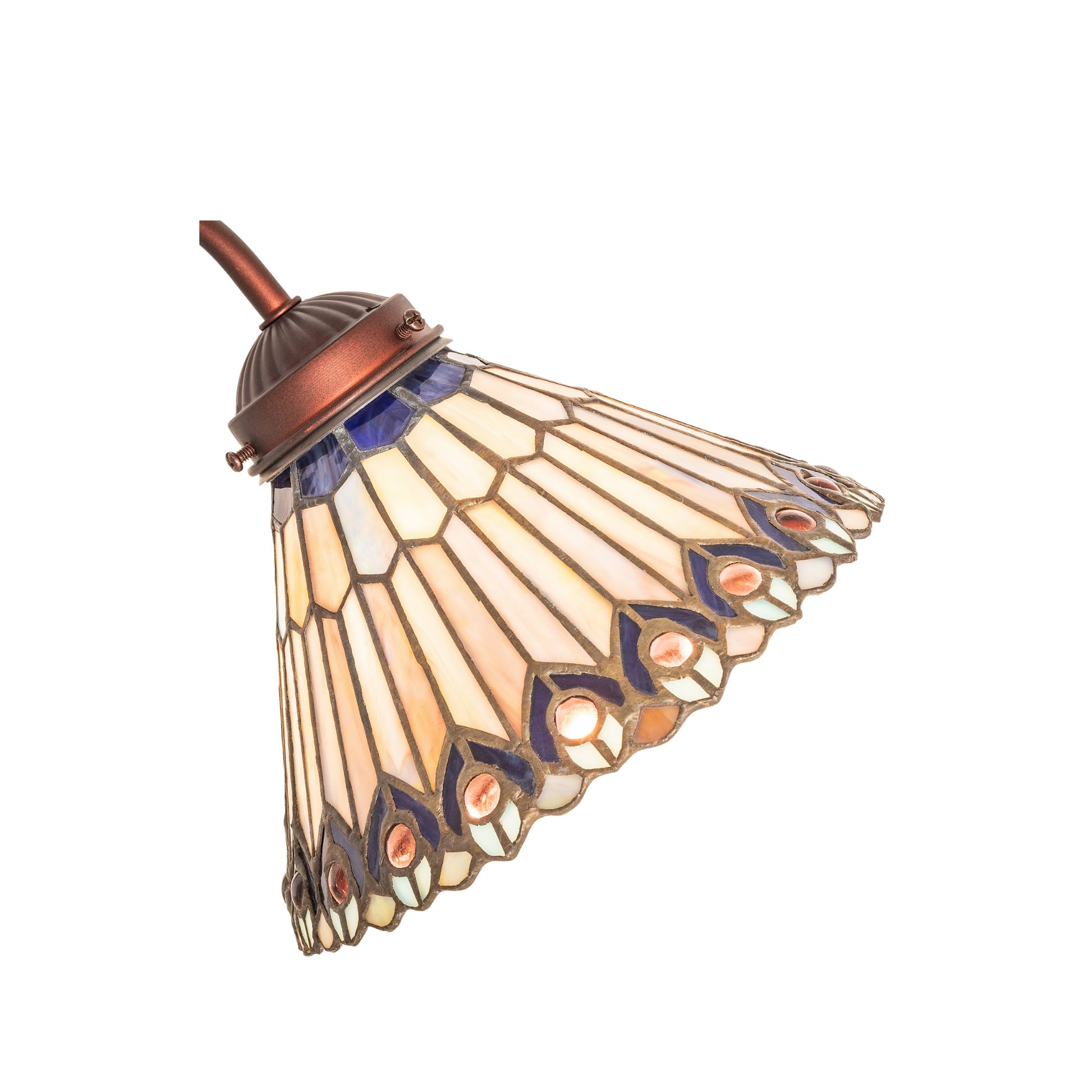 18-inch tiffany desk lamp peacock jeweled. Close up glass shade. 