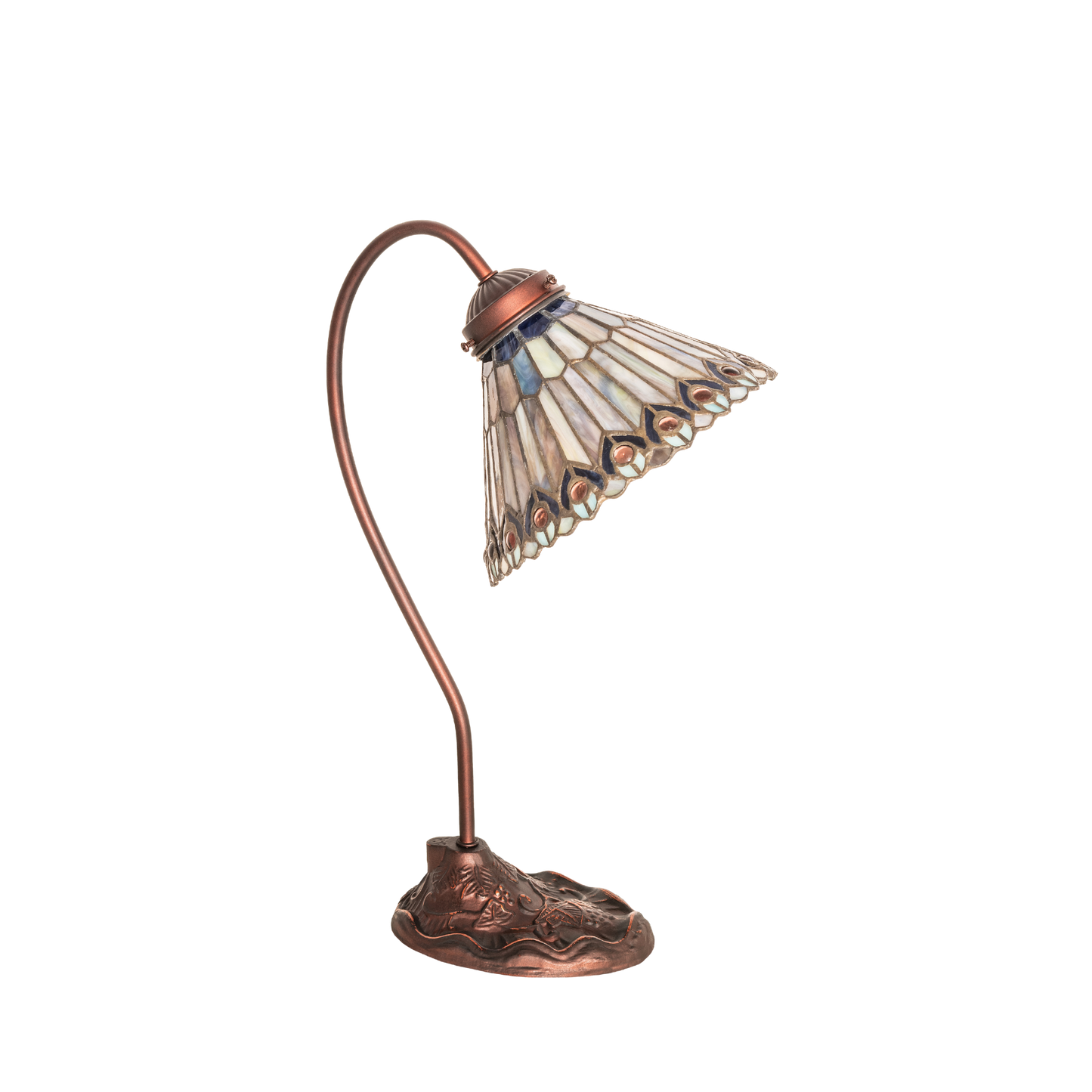 18-inch tiffany desk lamp peacock jeweled. Lamp light off. 