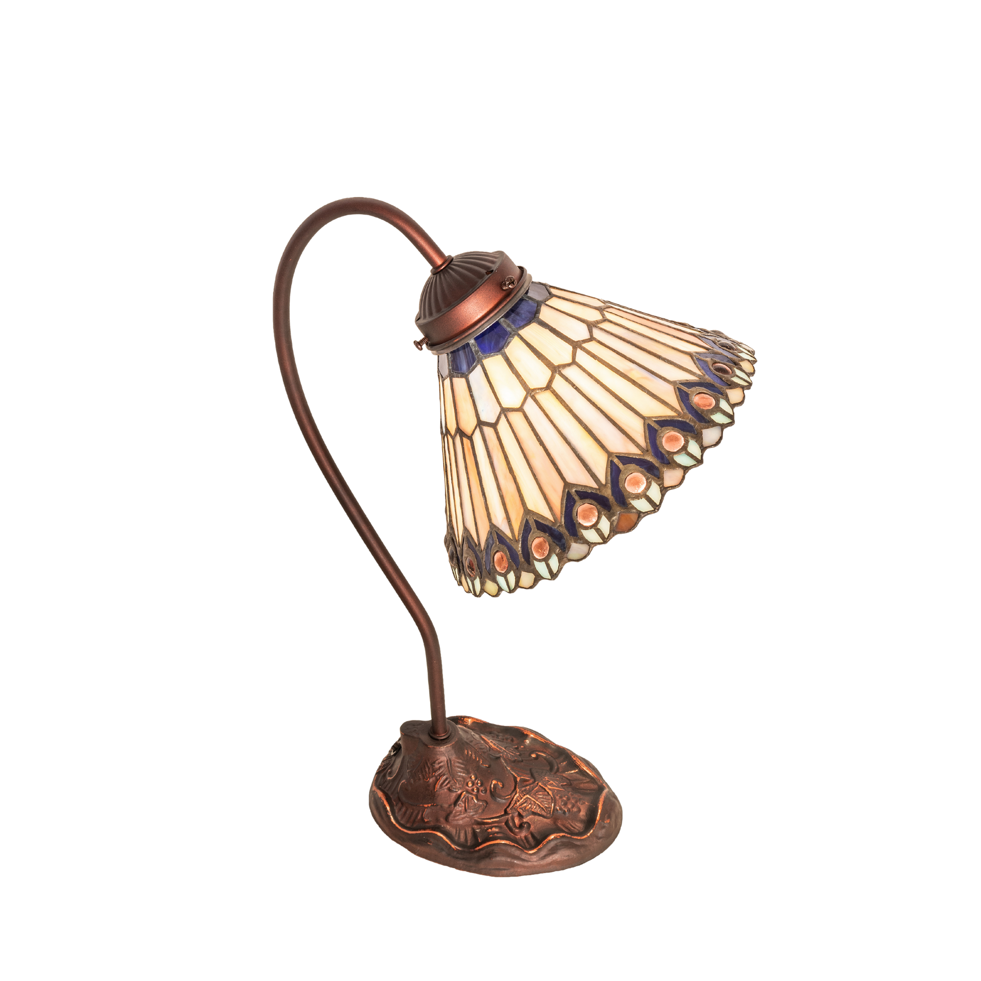 18-inch tiffany desk lamp peacock jeweled. Top down view. 