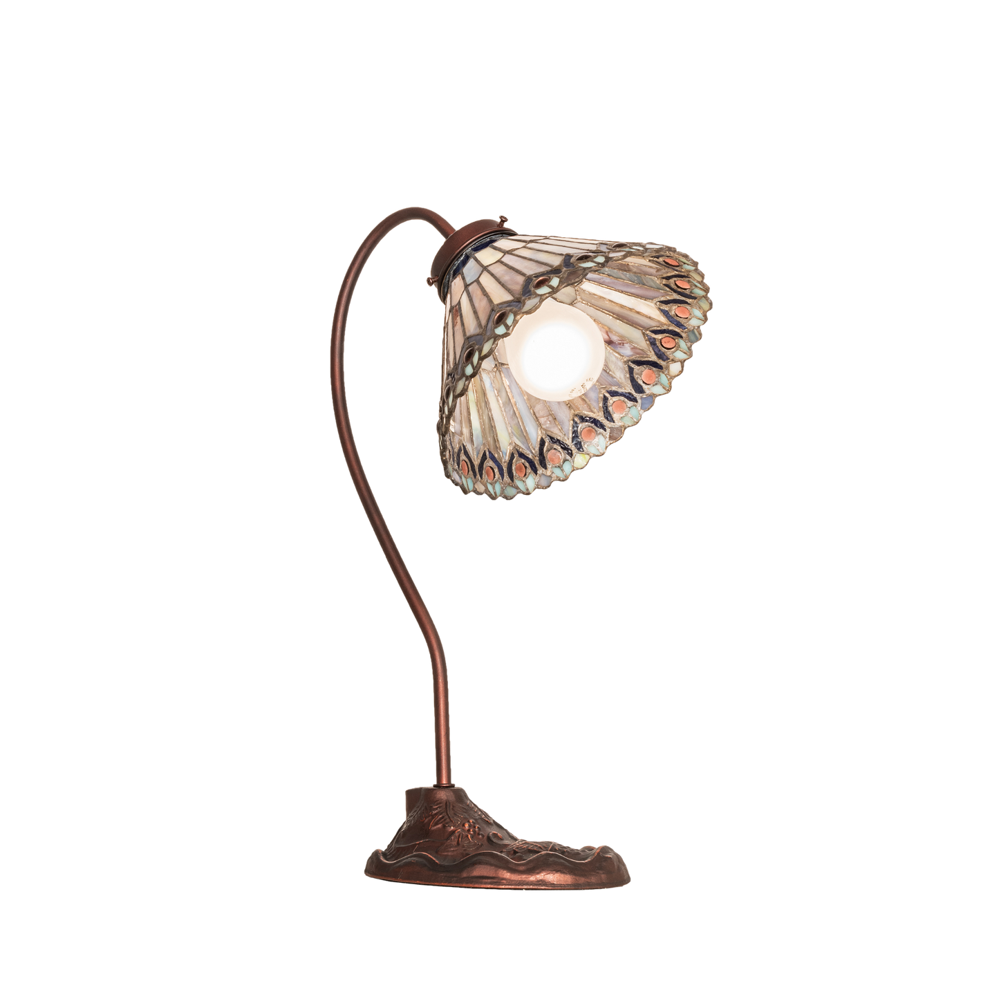 18-inch tiffany desk lamp peacock jeweled. Upward view. 