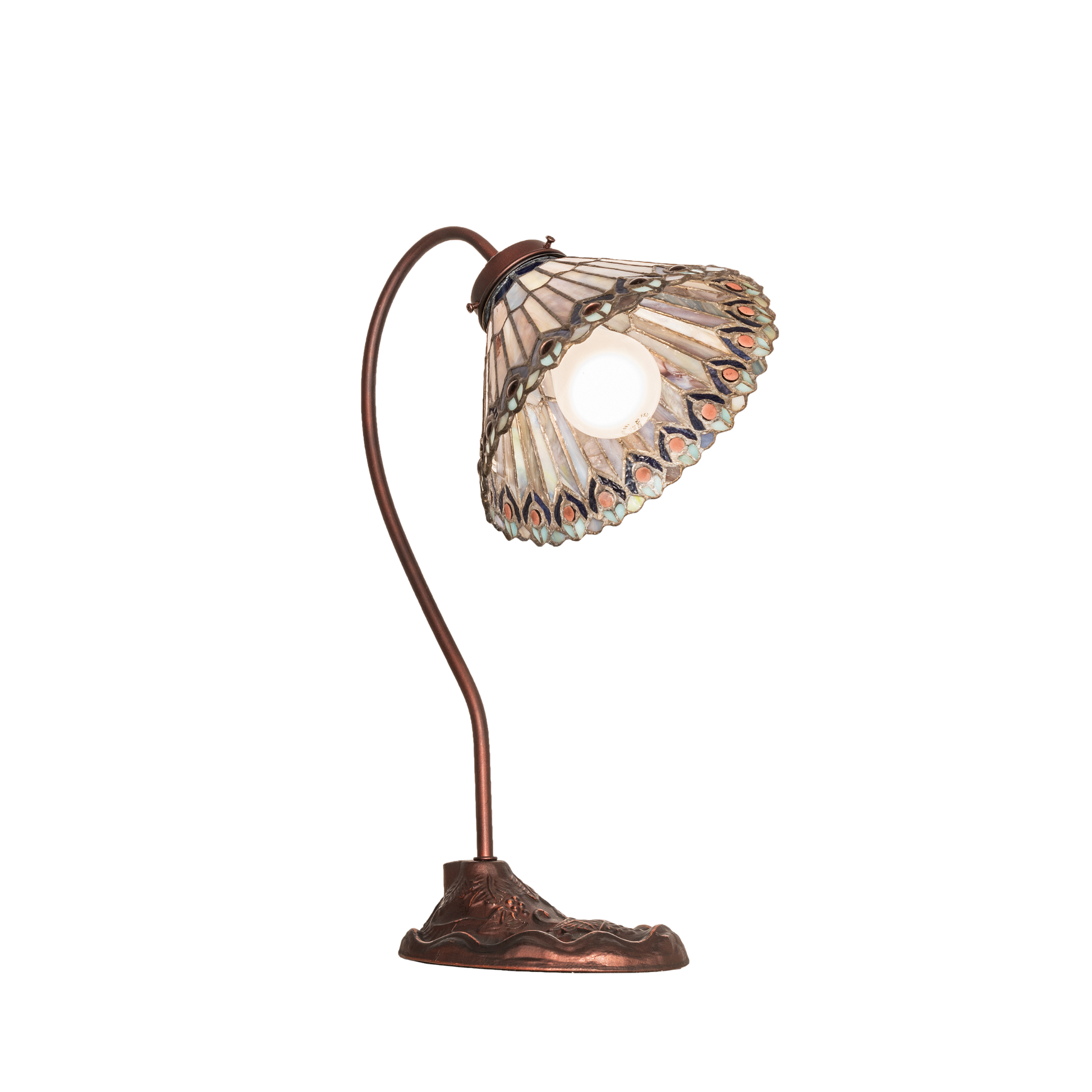 18-inch tiffany desk lamp peacock jeweled. Upward view. 