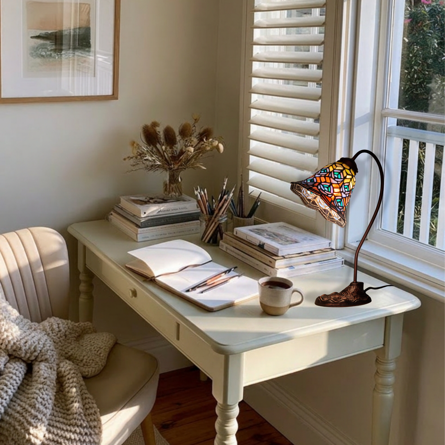 18-inch tiffany desk lamp peacock on desk in home office. 