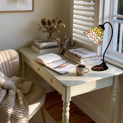 18-inch tiffany desk lamp wisteria on desk in home office. 