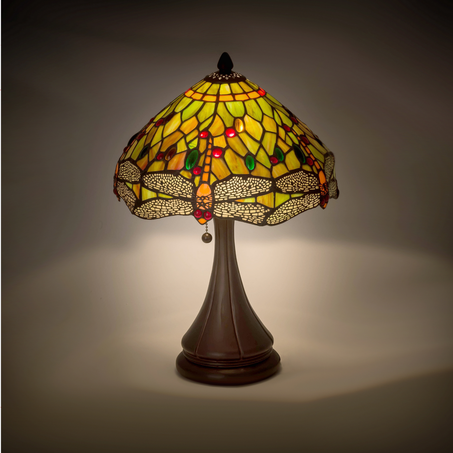 18 inch tiffany dragonfly lamp on dark background. 