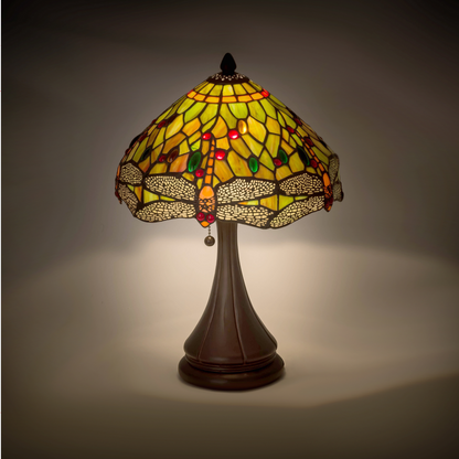 18 inch tiffany dragonfly lamp on dark background. 
