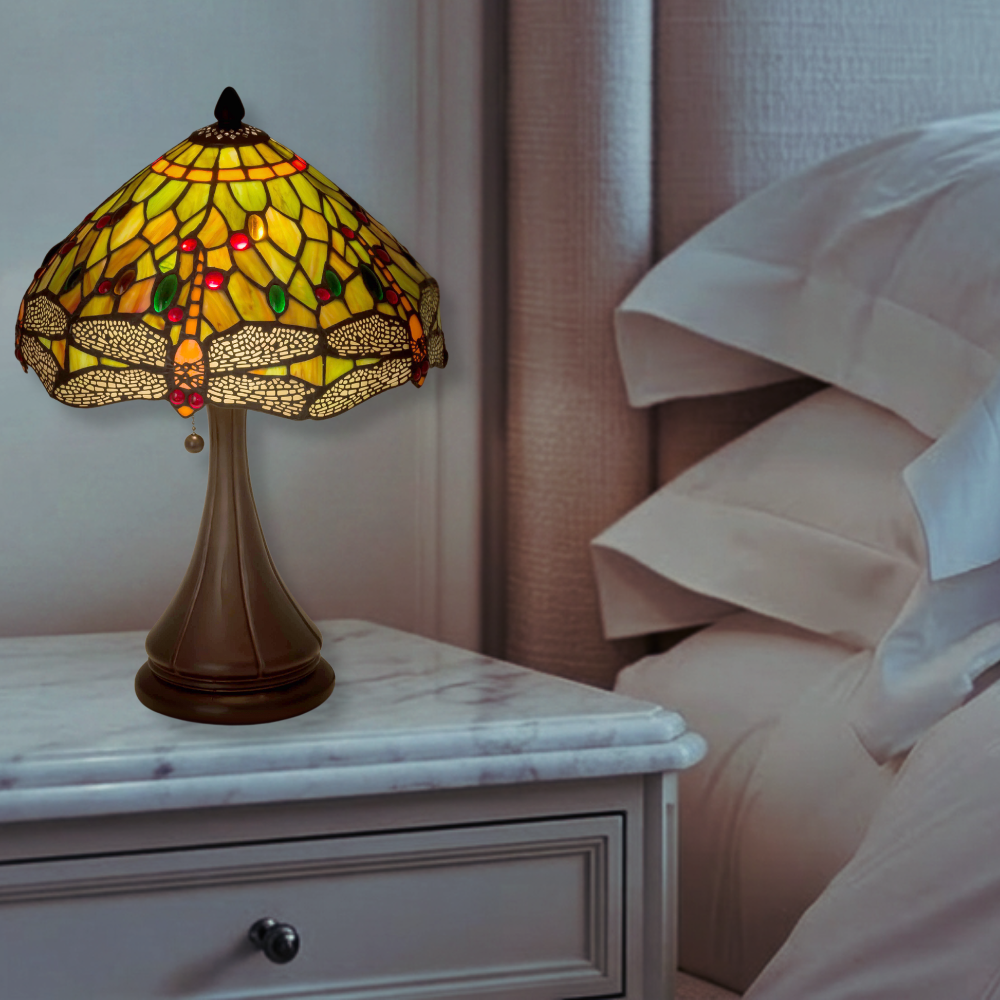 18 inch tiffany dragonfly lamp on nightstand in bedroom. 