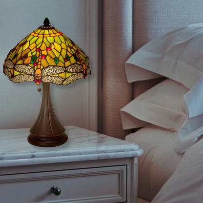 18 inch tiffany dragonfly lamp on nightstand in bedroom. 