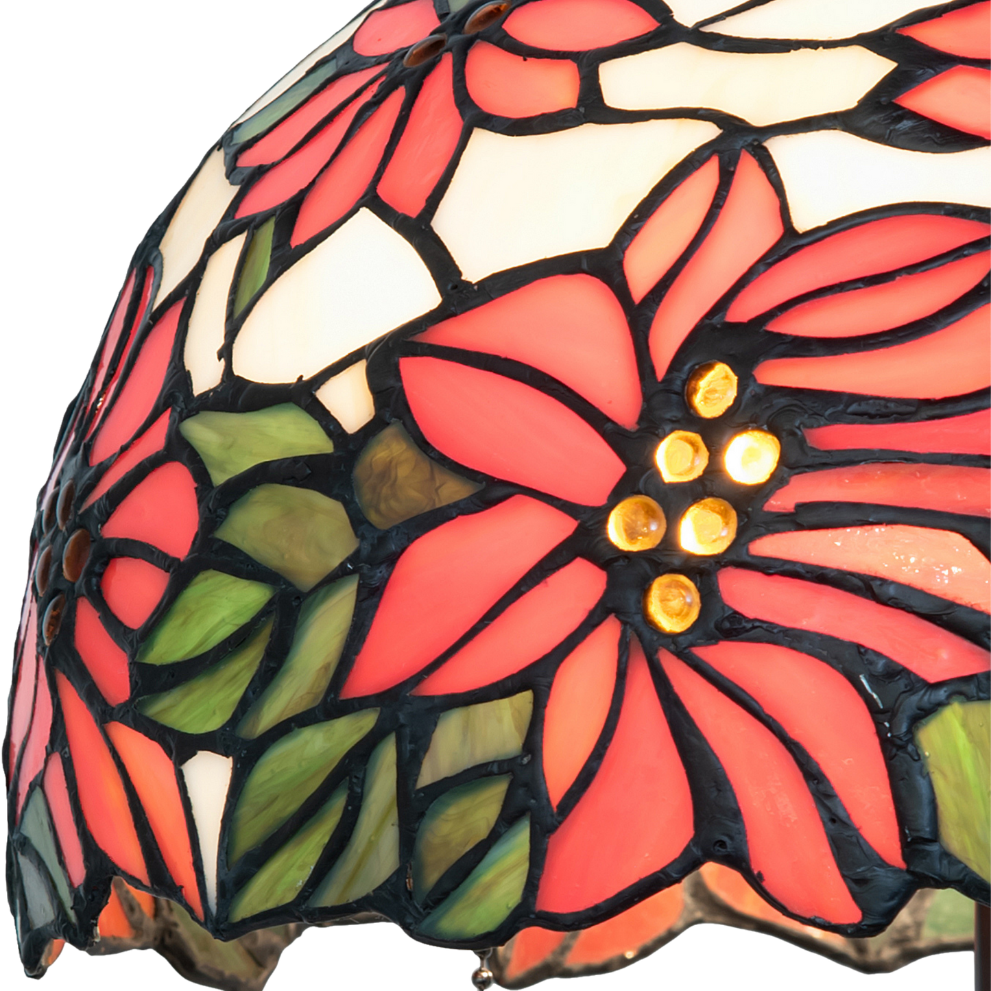 20-inch Tiffany Table Lamp Poinsettia. Close up of glass shade.