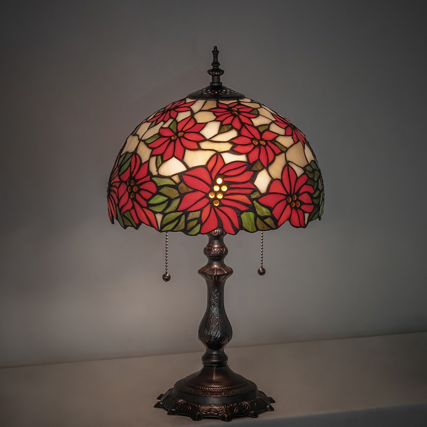 20-inch Tiffany Table Lamp Poinsettia on dark background