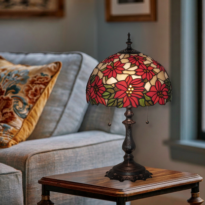 20-inch Tiffany Table Lamp Poinsettia on end table in living room. 