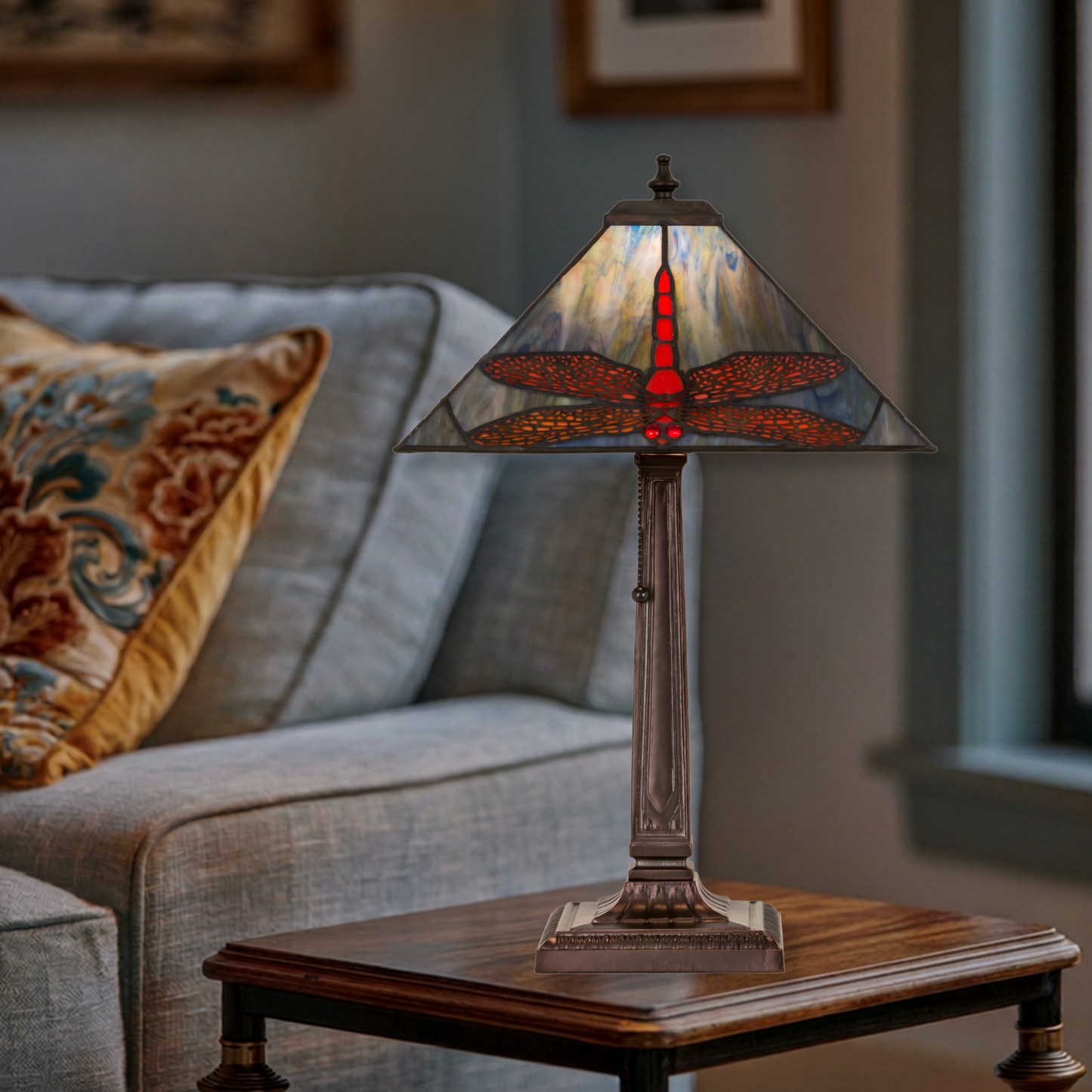 21-inch Tiffany Style Table Lamp Prairie Dragonfly on end table in living room