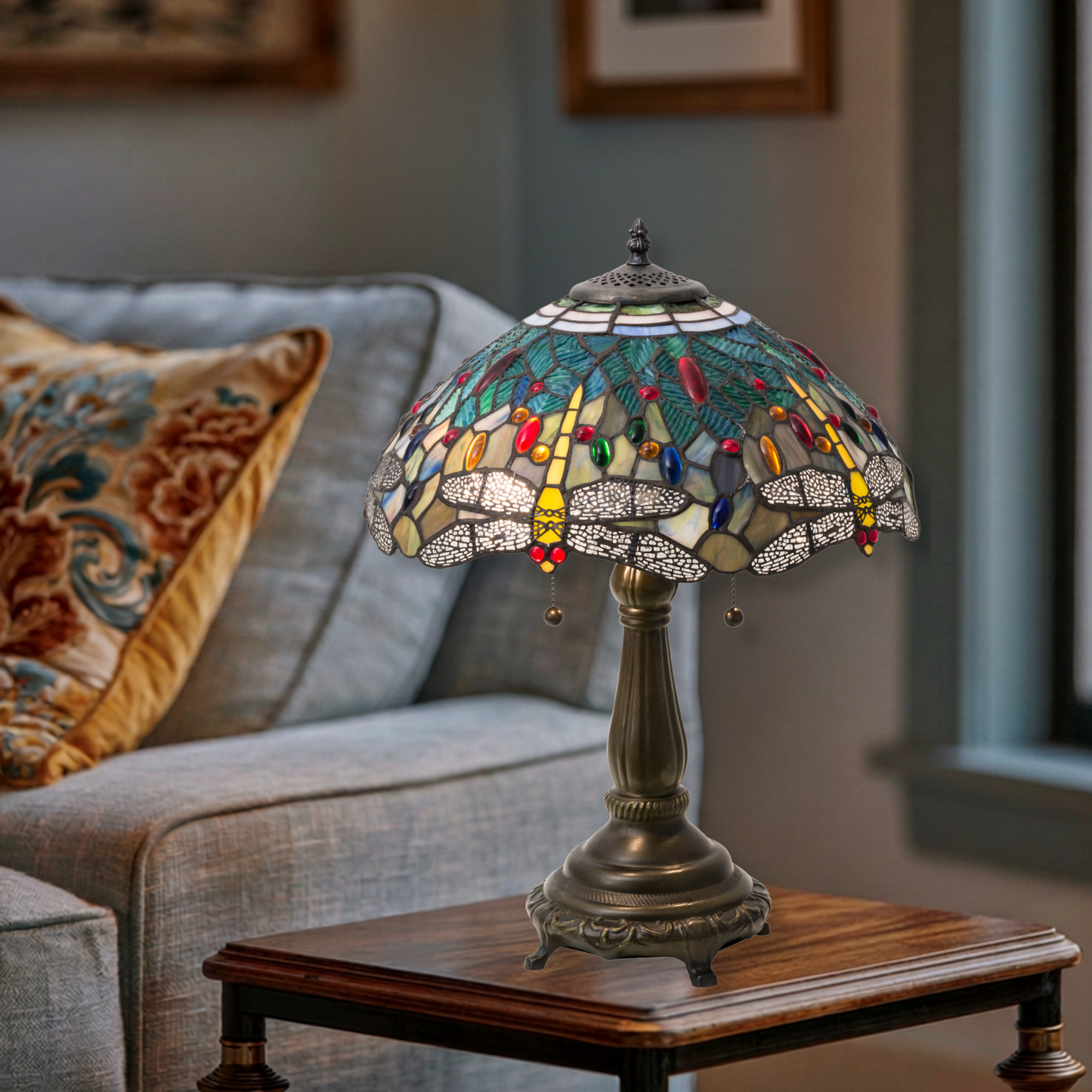 22-Inch Tiffany Table Lamp Dragonfly on end table in living room. 
