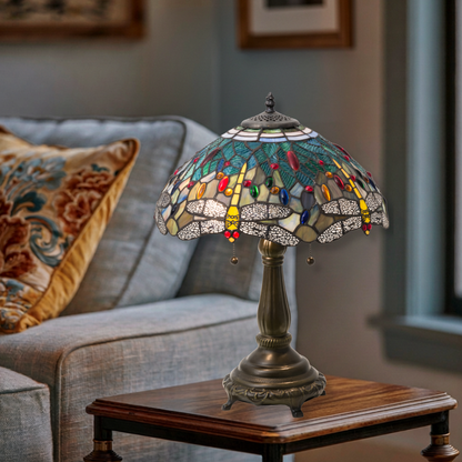 22-Inch Tiffany Table Lamp Dragonfly on end table in living room. 