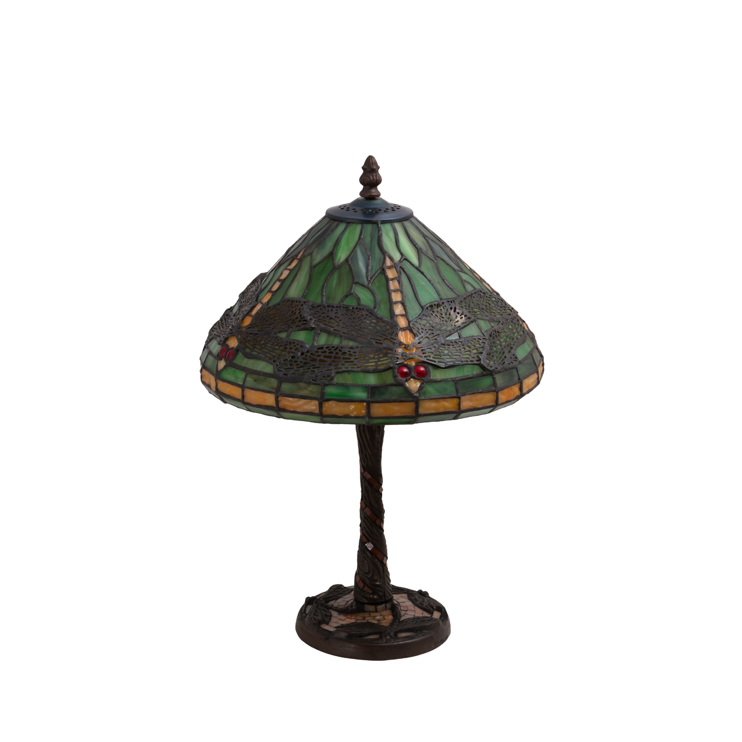 22-Inch Tiffany Table Lamp Dragonfly on end table in living room. Lamp lights off. 