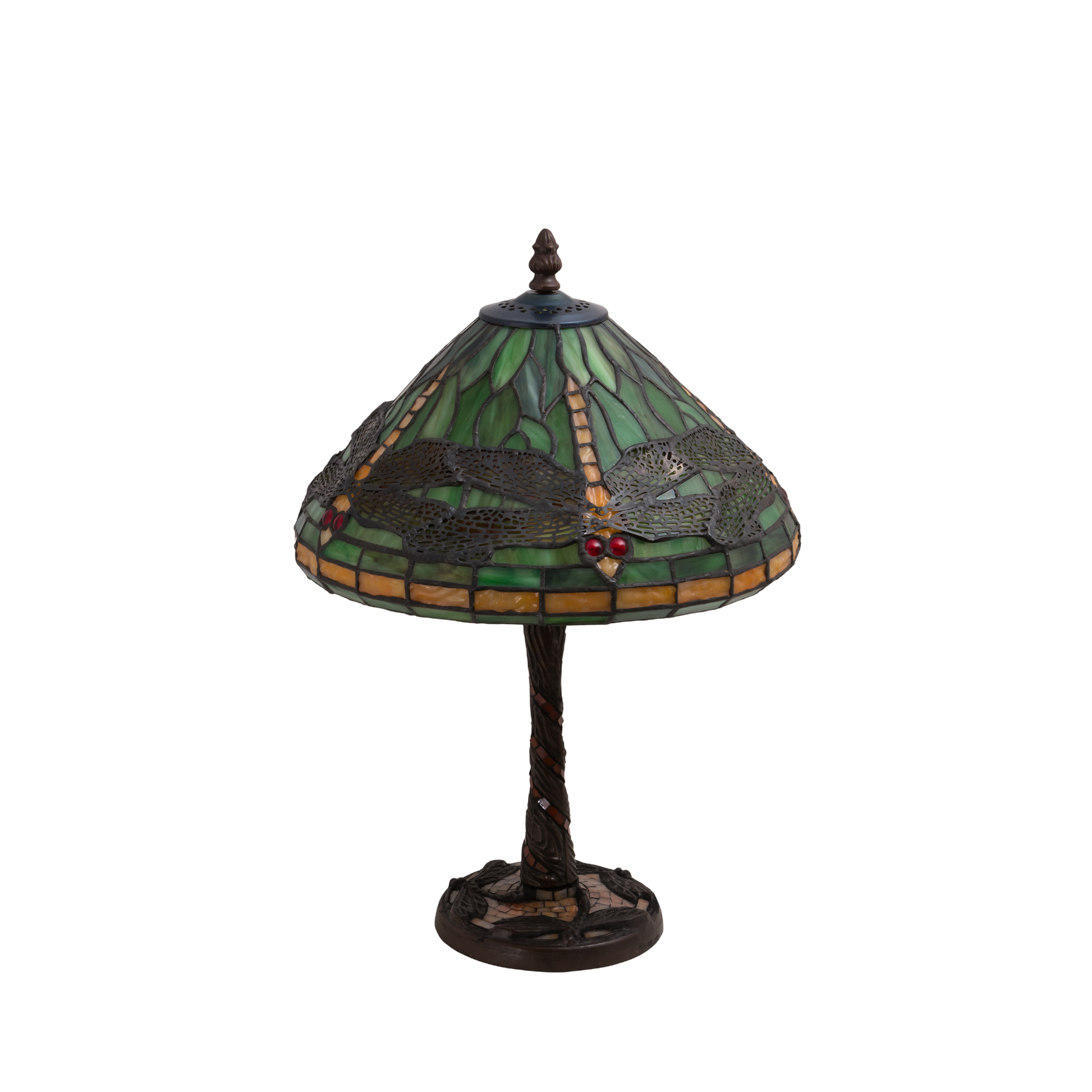 22-Inch Tiffany Table Lamp Dragonfly on end table in living room. Lamp lights off. 