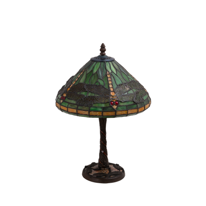 22-Inch Tiffany Table Lamp Dragonfly on end table in living room. Lamp lights off. 