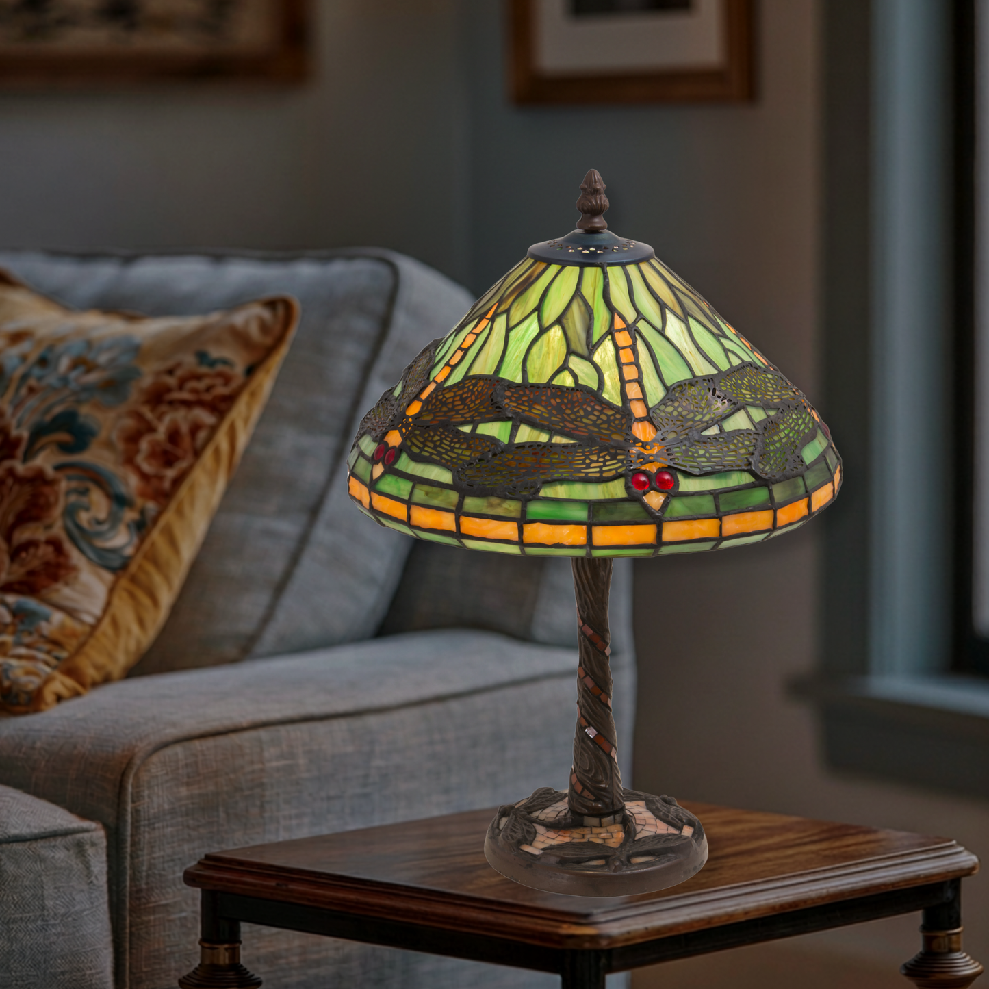 22-Inch Tiffany Table Lamp Dragonfly on end table in living room on end table in living room. 
