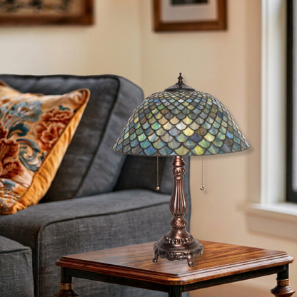 22-inch Tiffany Stained Glass Table Lamp Fishscale on end table in living room