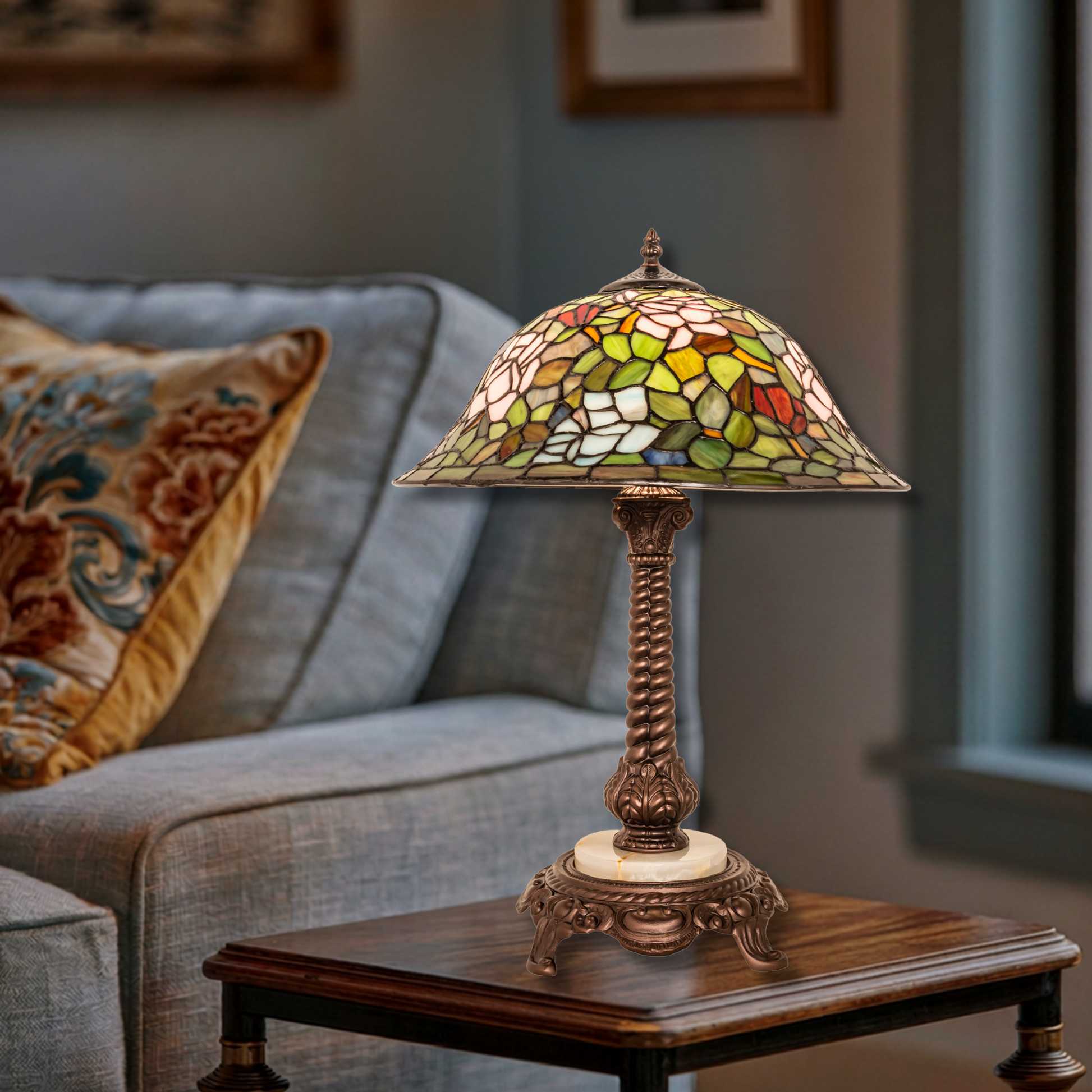 23-inch Tabletop Tiffany Lamp Rosebush on end table in living room setting