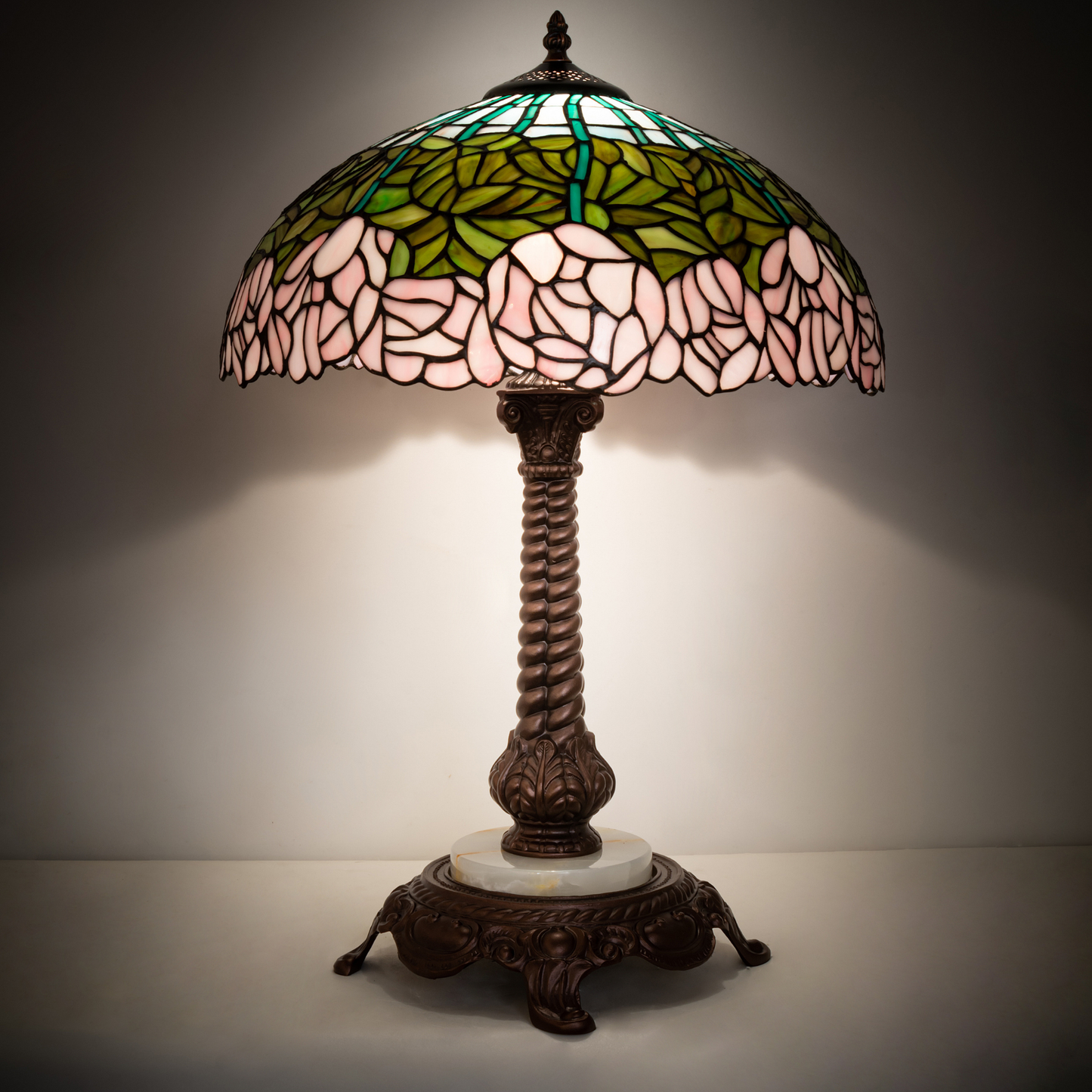 23-inch Tiffany Glass Table Lamp Cabbage Rose on dark background