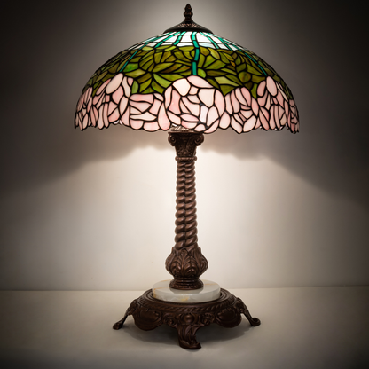 23-inch Tiffany Glass Table Lamp Cabbage Rose on dark background