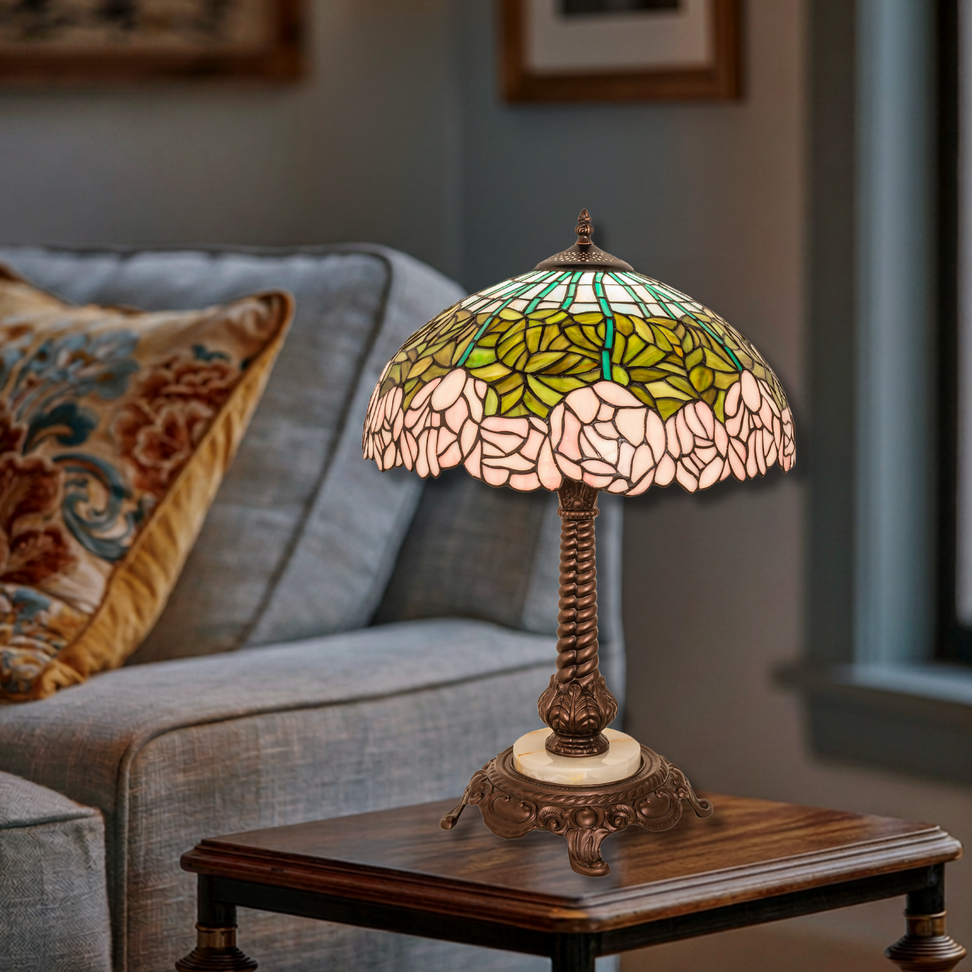 23-inch Tiffany Glass Table Lamp Cabbage Rose on end table in living room