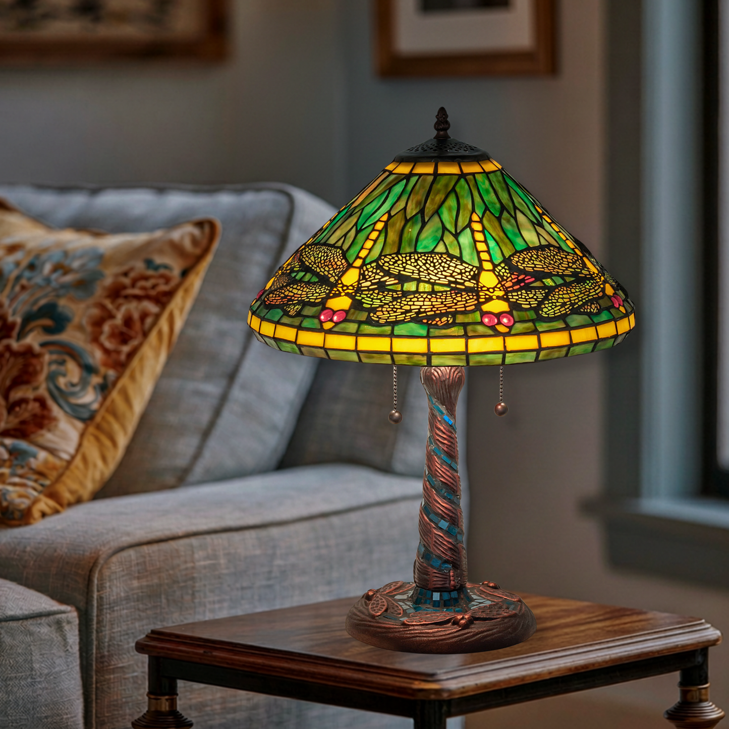 23-inch Tiffany Table Lamp Dragonfly on end table in living room