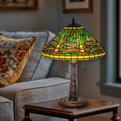 23-inch Tiffany Table Lamp Dragonfly on end table in living room