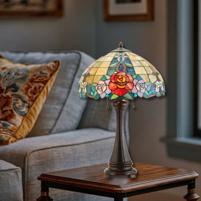 25-inch tabletop tiffany lamp Rose Vine on end table in living room