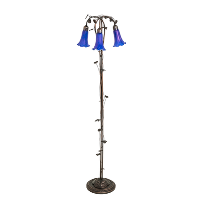 58-Inch Tiffany Floor Lamp Blue Pond Lily 3-Light by Meyda Lighting with lights off. 