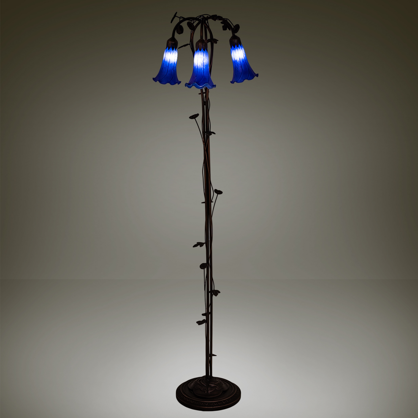 58-Inch Tiffany Floor Lamp Blue Pond Lily 3-Light by Meyda Lighting on dark background.