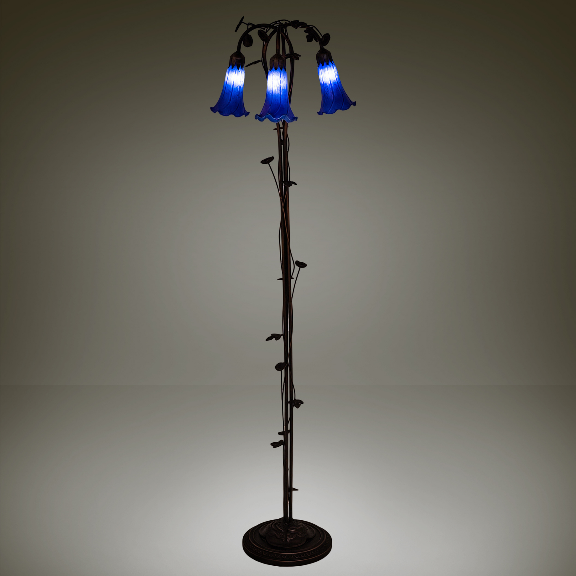 58-Inch Tiffany Floor Lamp Blue Pond Lily 3-Light by Meyda Lighting on dark background.