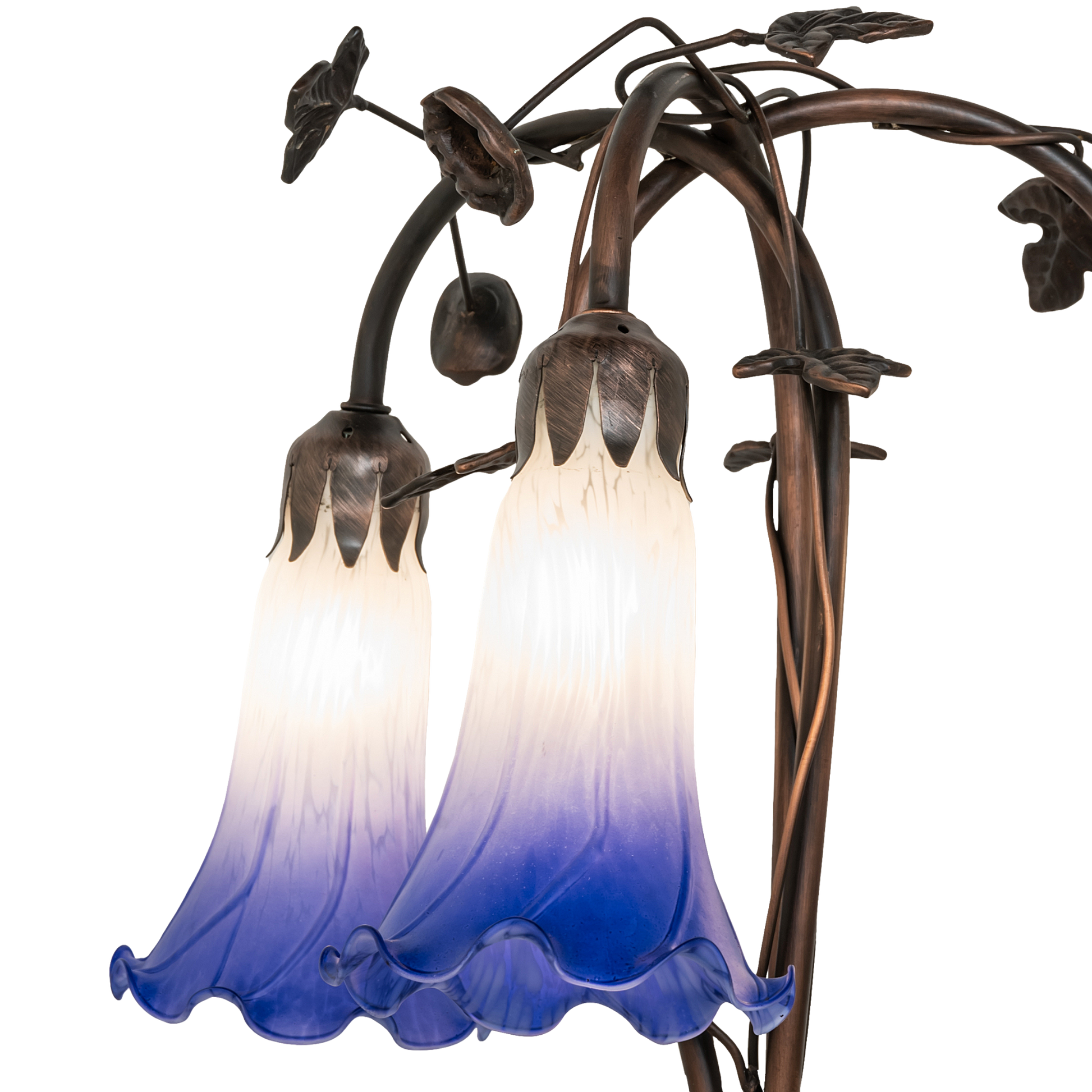 58-inch Tiffany floor lamp blue pond lily. Close up of glass shades. 