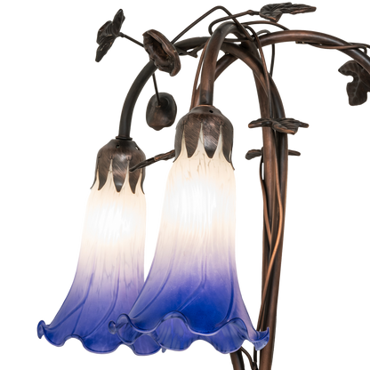 58-inch Tiffany floor lamp blue pond lily. Close up of glass shades. 
