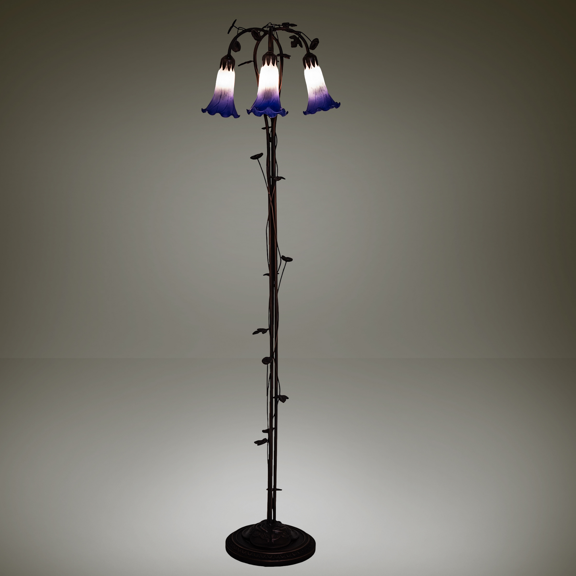 58-inch Tiffany floor lamp blue pond lily on dark background. 
