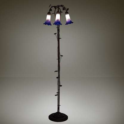 58-inch Tiffany floor lamp blue pond lily on dark background. 