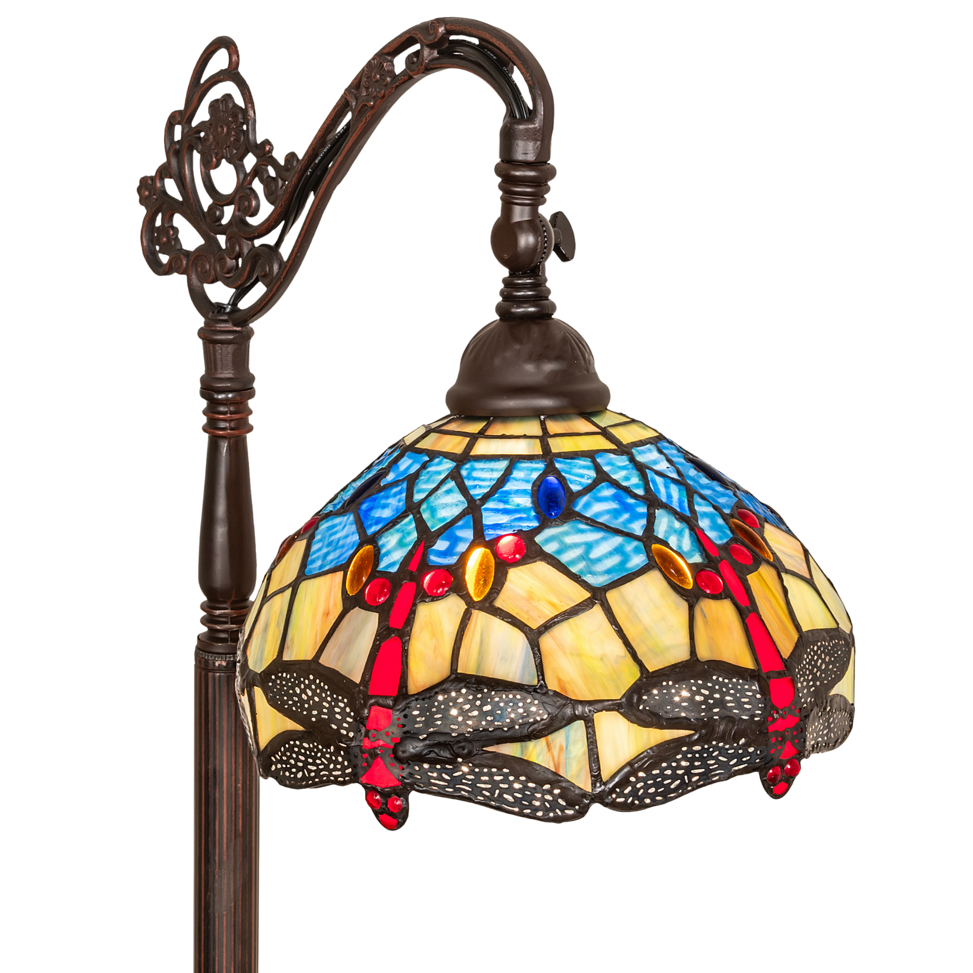 60.5-inch Tiffany floor lamp dragonfly lamp bridge arm. Close up of glass shade. 