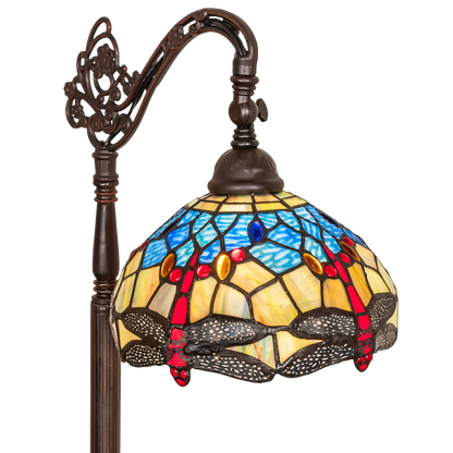 60.5-inch Tiffany floor lamp dragonfly lamp bridge arm. Close up of glass shade. 