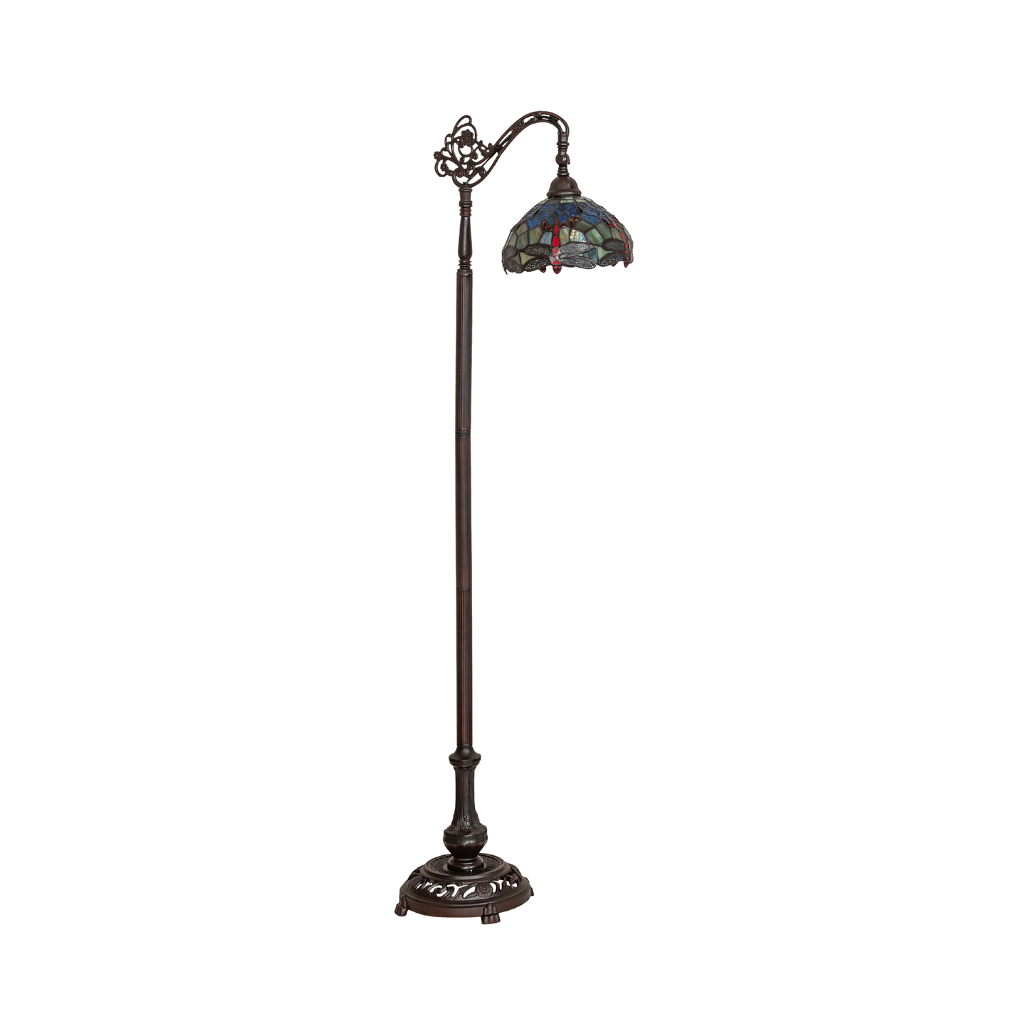 60.5-inch Tiffany floor lamp dragonfly lamp bridge arm. Lamp lights off. 