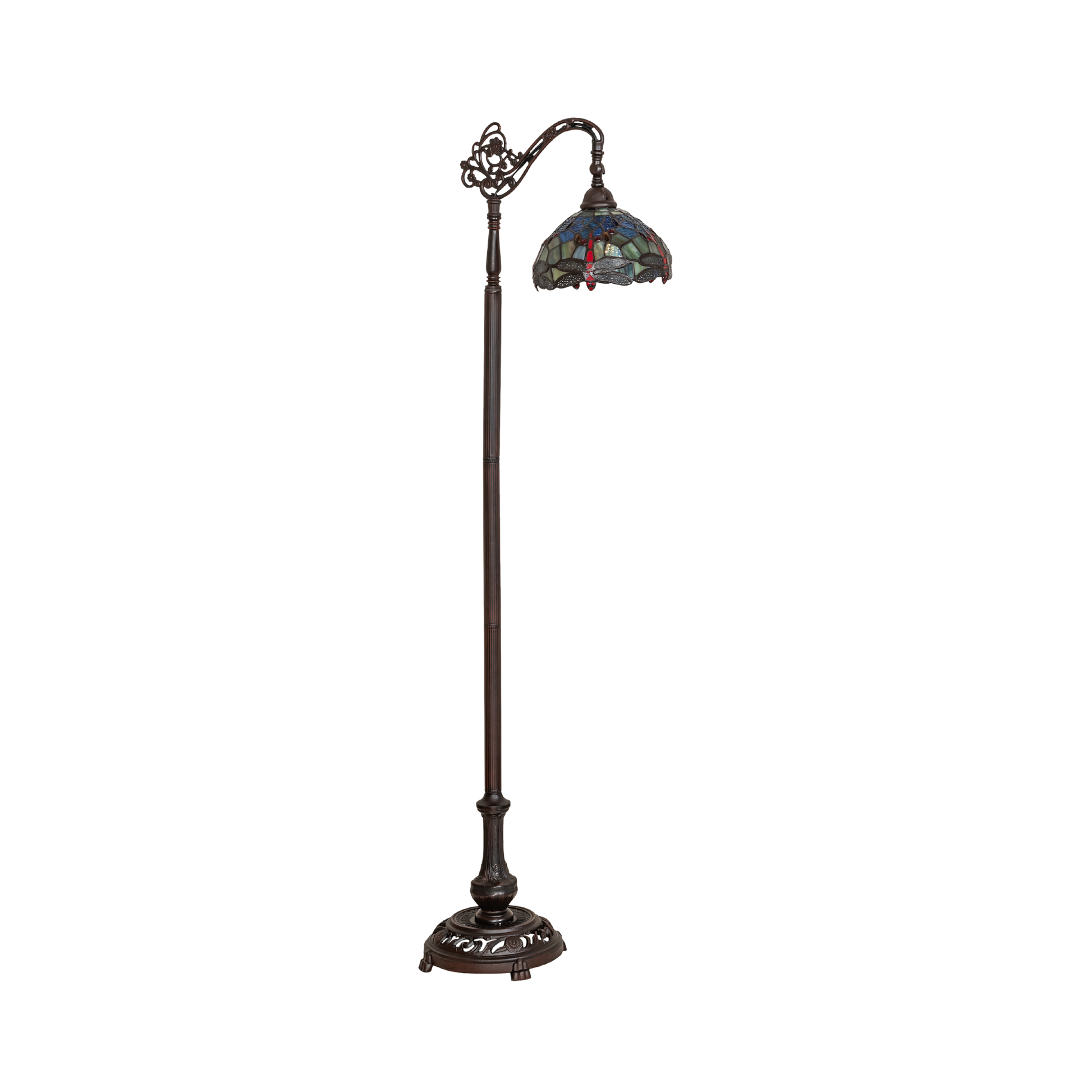 60.5-inch Tiffany floor lamp dragonfly lamp bridge arm. Lamp lights off. 
