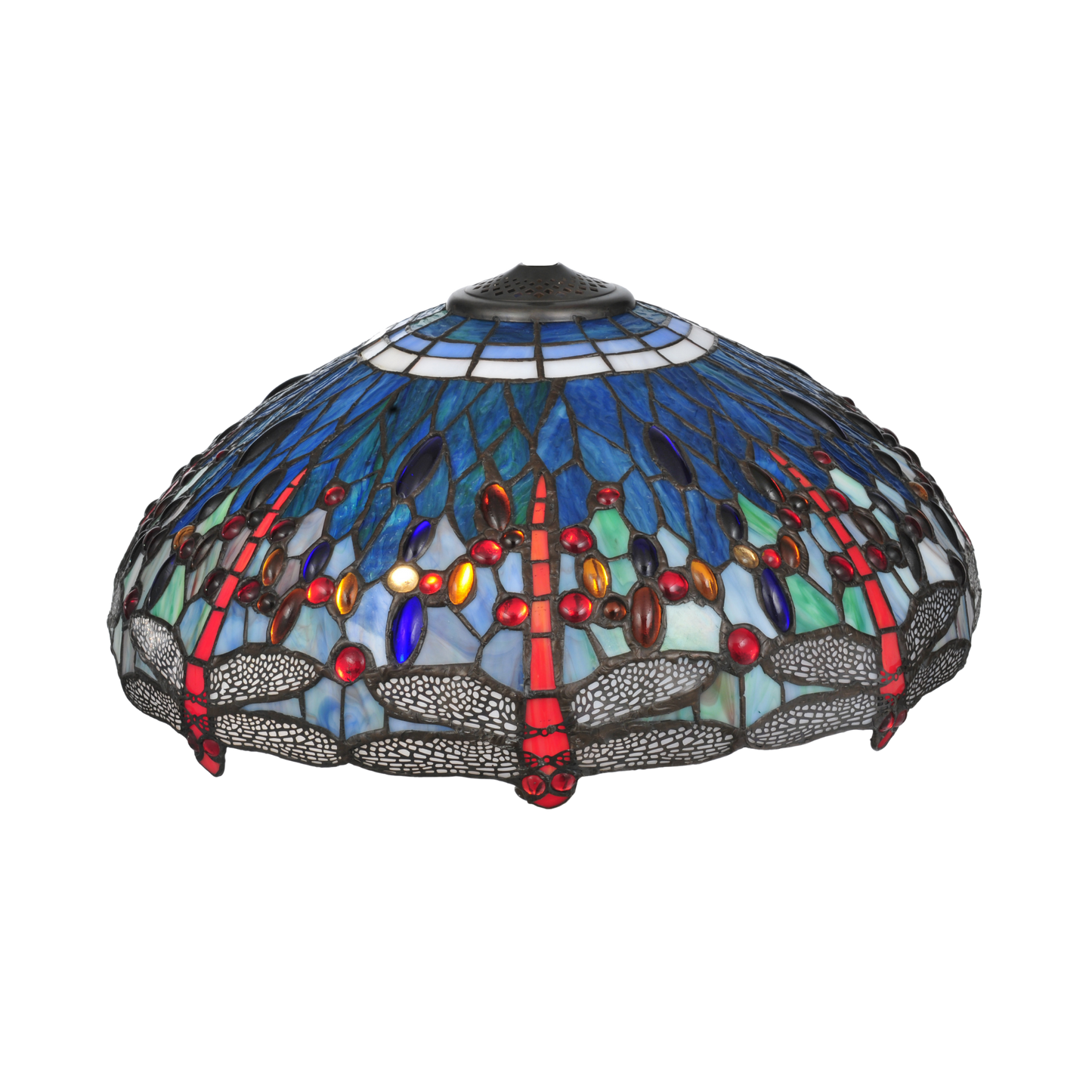 61-inch Tiffany floor lamp dragonfly hanginghead. Close up of glass shades. 