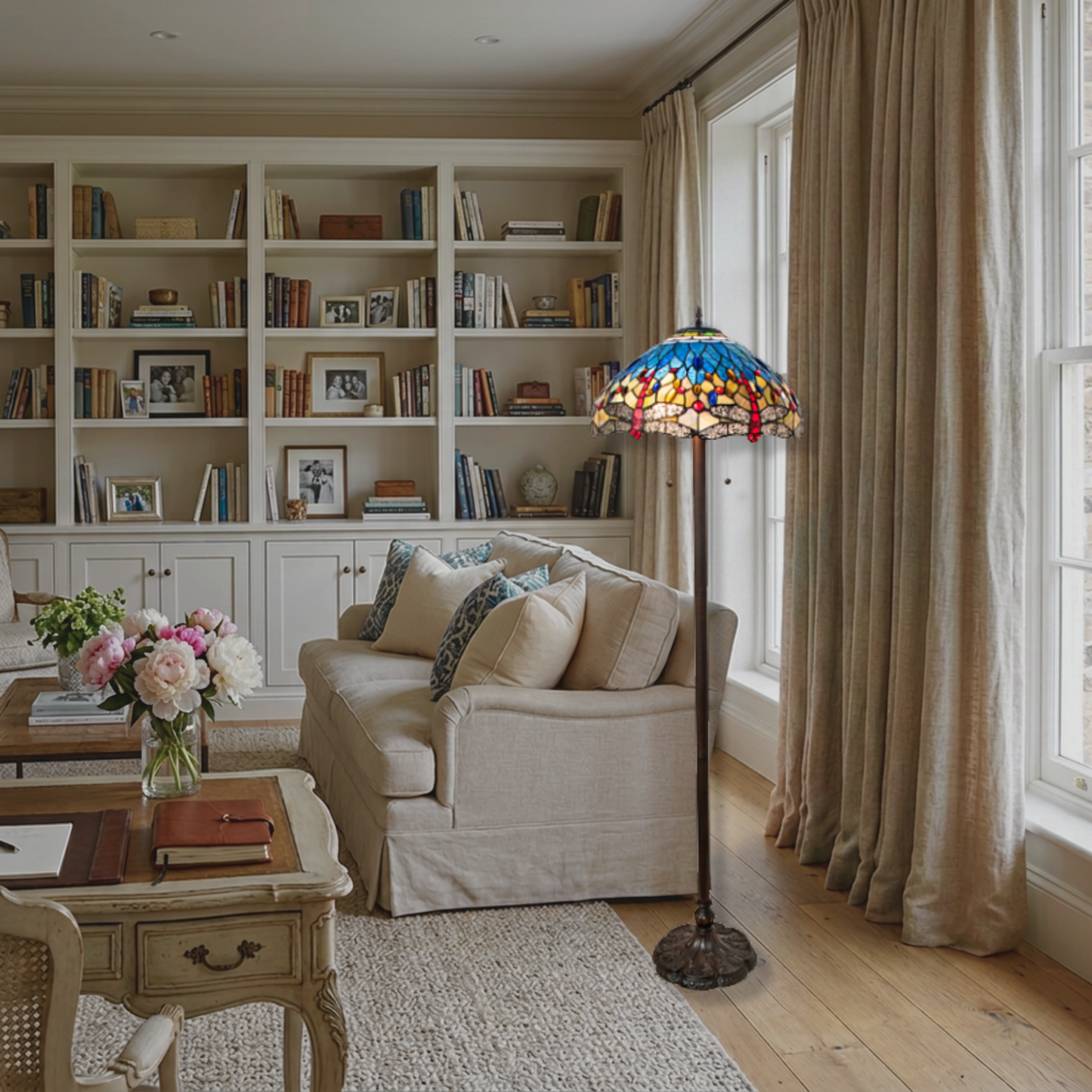 61-inch Tiffany floor lamp dragonfly hanginghead in living room. 