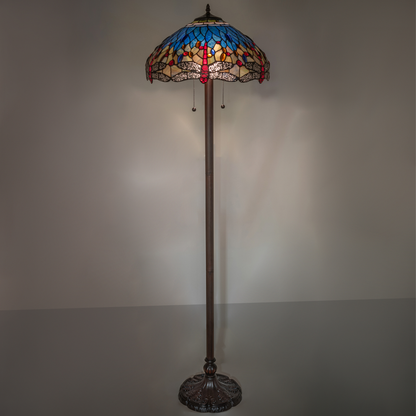 61-inch Tiffany floor lamp dragonfly hanginghead on dark background.