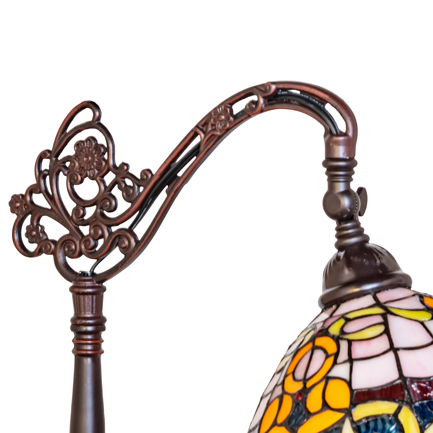 63-inch Tiffany Style Floor Lamp Saturday Morning Bridge Arm by Meyda Lighting. Close up ornate bridge Arm. 