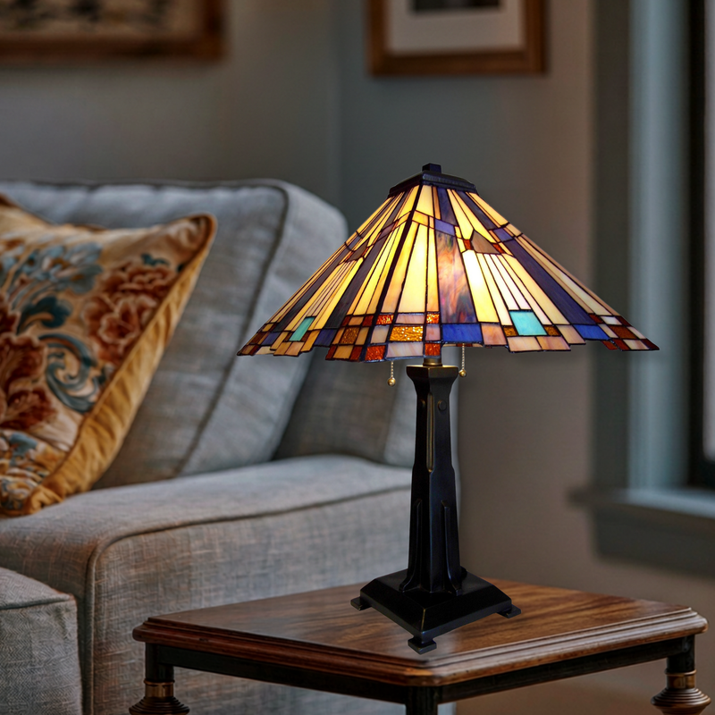 24-inch Tabletop Tiffany Lamp Flare Mission by Chloe Lighting in living room setting
