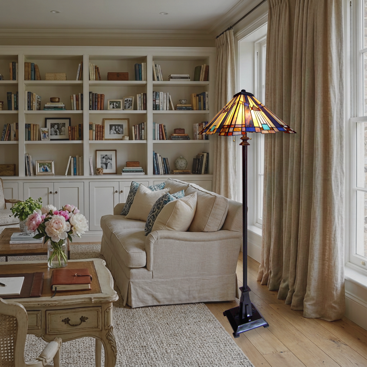  63-inch Tiffany Glass Floor Lamp Flare Mission by Chloe Lighting in living room setting. 